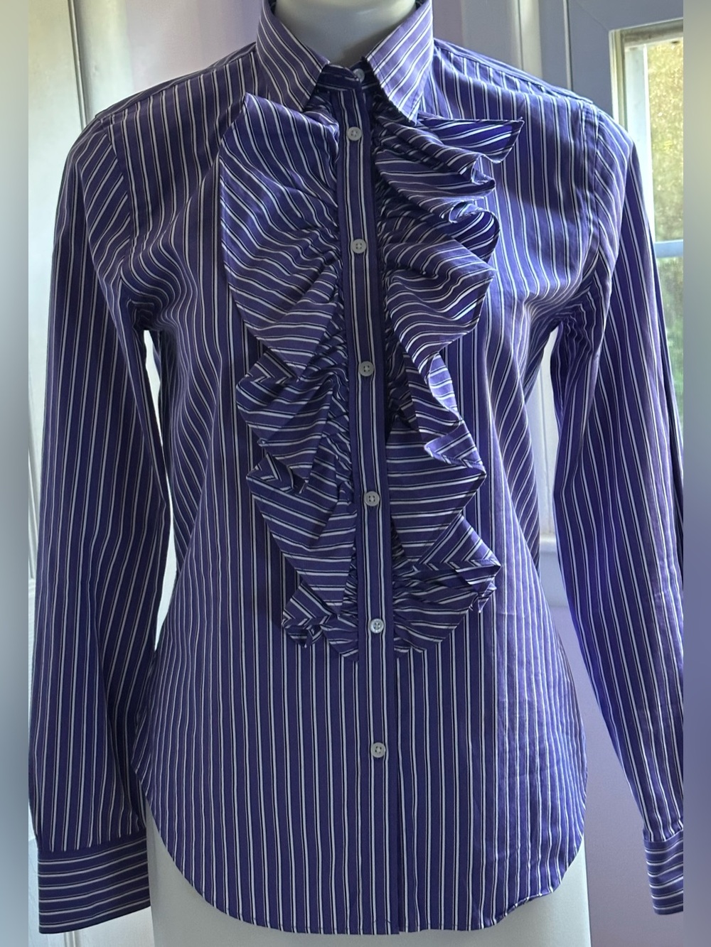 RALPH LAUREN Purple White Black Striped Ruffle Button Down 100% Cotton Sz S